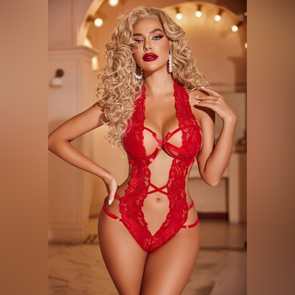 Red Lace Halter Teddy Bodysuit Deep V Strappy Lingerie Babydoll - Picture 6 of 7